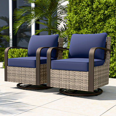 Patio Brown Wicker Rattan Swivel Rocker Glider Chair, Metal Curved Armrest, (Set of 2) by Red Barrel Studio