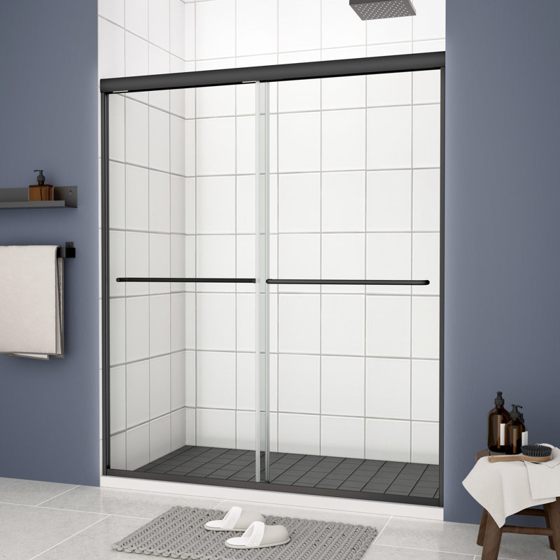 Matted Black Bypass Shower Door Sliding, 56 - 60"x70". 1/4" Tempered Glass. Top Track, Stainless Steel Handle. Smooth Leakage. Nano Easy Clean, Explode Film. 36000 Times Test. Simple To Install