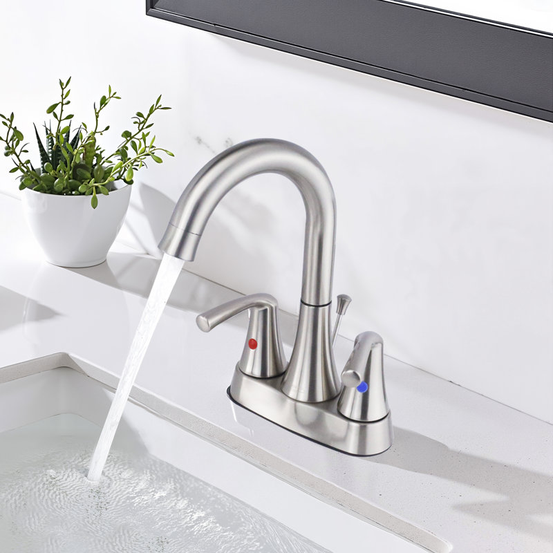 4 in. Centerset 2-Handle Bathroom Sink Faucet with High-Arc Swivel Spout and Drain Assembly, Brushed Nickel, Brushed Nickel