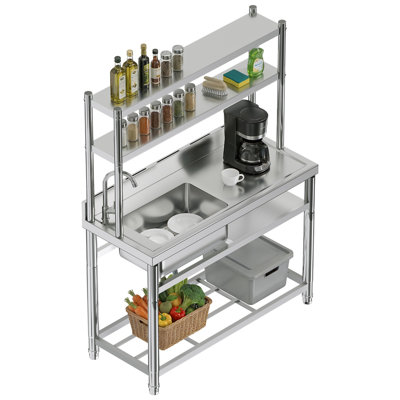 45"x20"x58.7" Stainless Steel Sink with Worktop, 2-Tier Shelf, Utility Prep Station with Single Bowl, Storage Rack & Knife Slot, Freestanding Stainless Steel Sink for Kitchen or Laundry Room