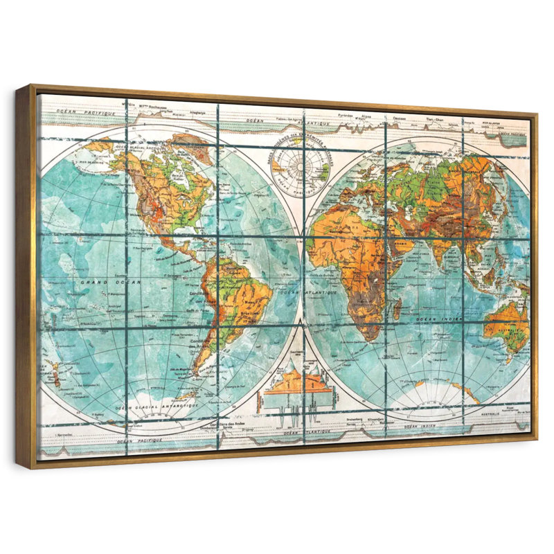 Globe World Map, 46" X 31", Floating Frame Gold