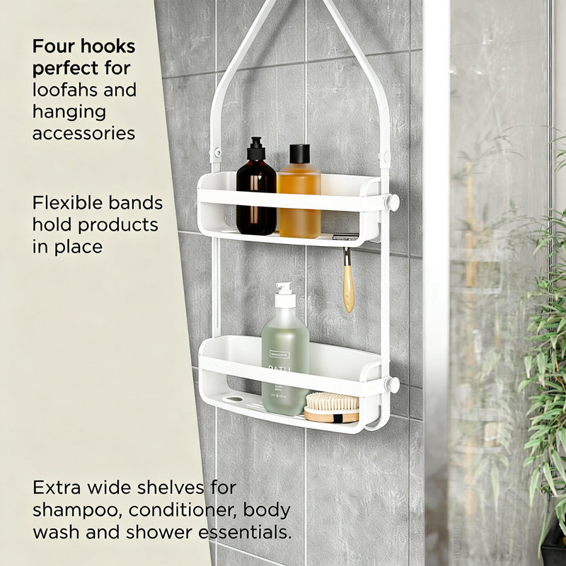 Serviteur de douche Flex avec 2 tablettes, tablette de baignoire et organisateur de salle de bain (blanc)