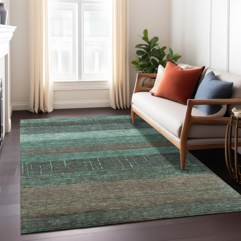 Teal and Brown Striped Synthetic 10' x 14' Flat Woven Rug
