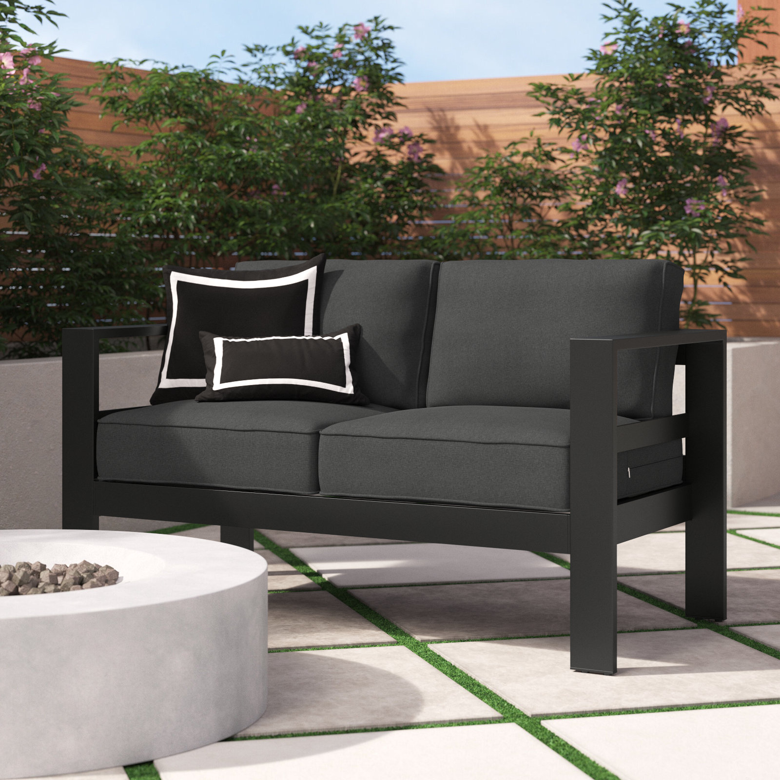 Arnhildur Braidan 53" Wide Aluminum Outdoor Loveseat with Cushions