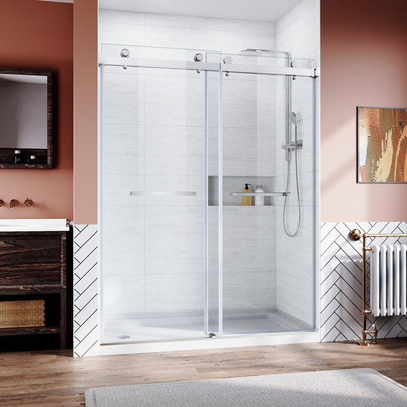 Frameless Sliding Shower Glass Door 56-60 In.W X 76 In. H,3/8"(10Mm) Thick Clear Tempered Glass,Heavy Duty Stainless Steel Hardwares,Brushed Nick