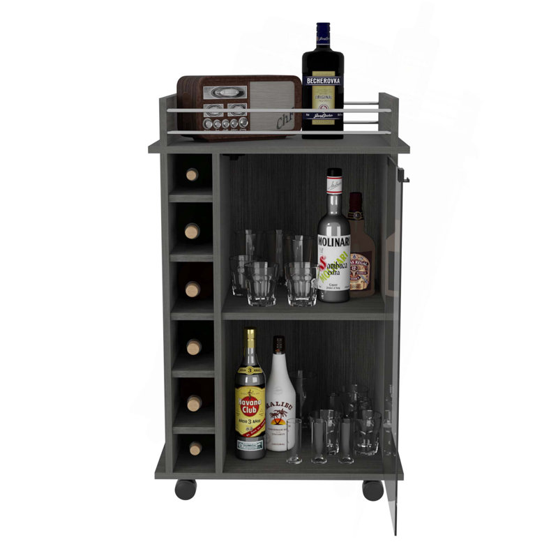 Chariot-bar Dukat, deux tablettes, six supports à vin intégrés, quatre roulettes, Gris
