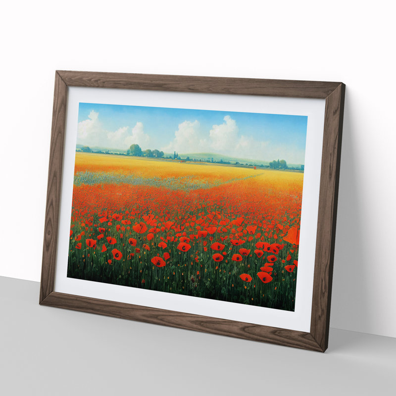 XH1022-6804X Passionate Poppy Field Flowers 1 Piece Single Picture Frame Wall Art, 46cm H x 64cm W x 2cm D, Walnut