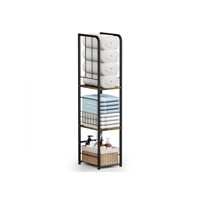 Rangement à serviettes étroit pour salle de bain, organisateur de porte-serviettes autoportant à 3 niveaux avec tablette pour petite baignoire, piscine, brun
