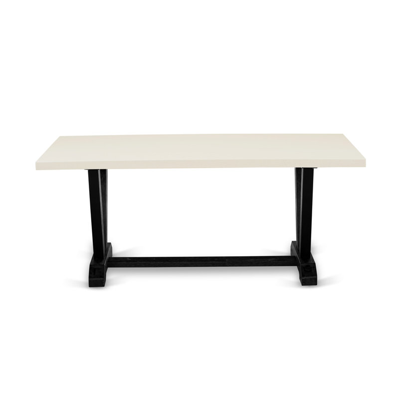 9-Piece Dinette Room Set- 8 Parson dining room chairs with Blue Linen Fabric Seat and Button Tufted Chair Back - Rectangular Tabletop Linen White & Wooden Legs - and Wire Brushed Black Finish 