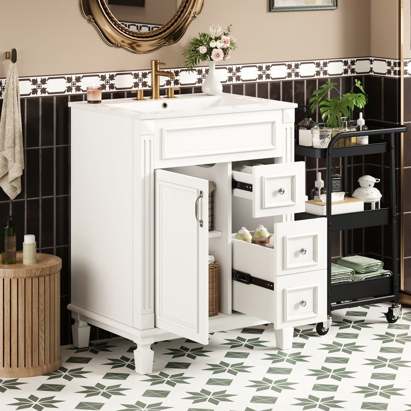 Meuble-lavabo moderne de 61 cm (24 pouces) avec lavabo en céramique, 2 tiroirs et tablette réglable - Une solution pour optimiser l'espace dans les petites salles de bain. Style français revisité.