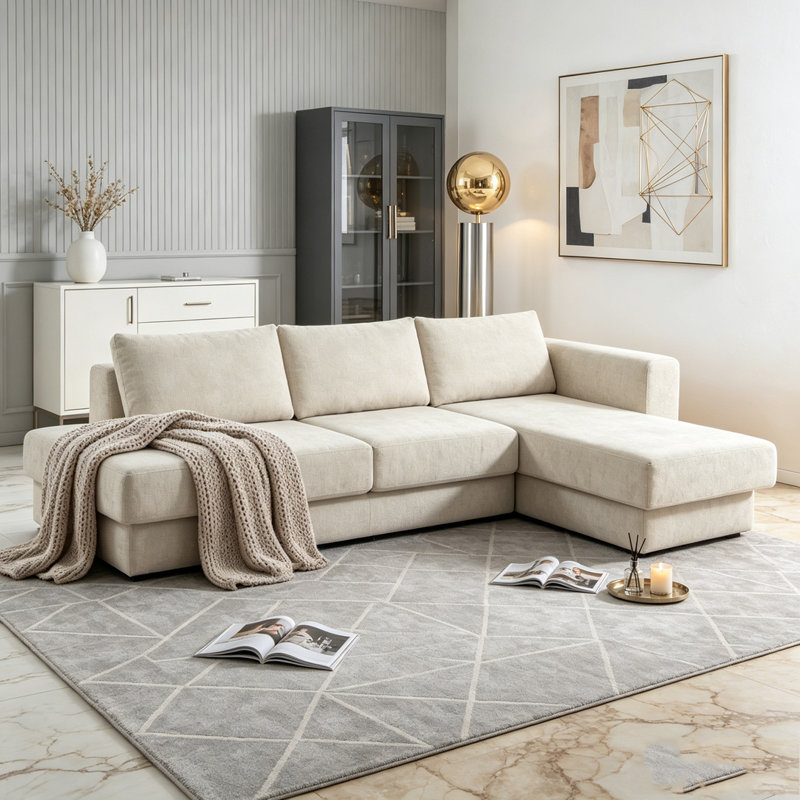 Canapé modulaire en L avec coussins double couche, Brun