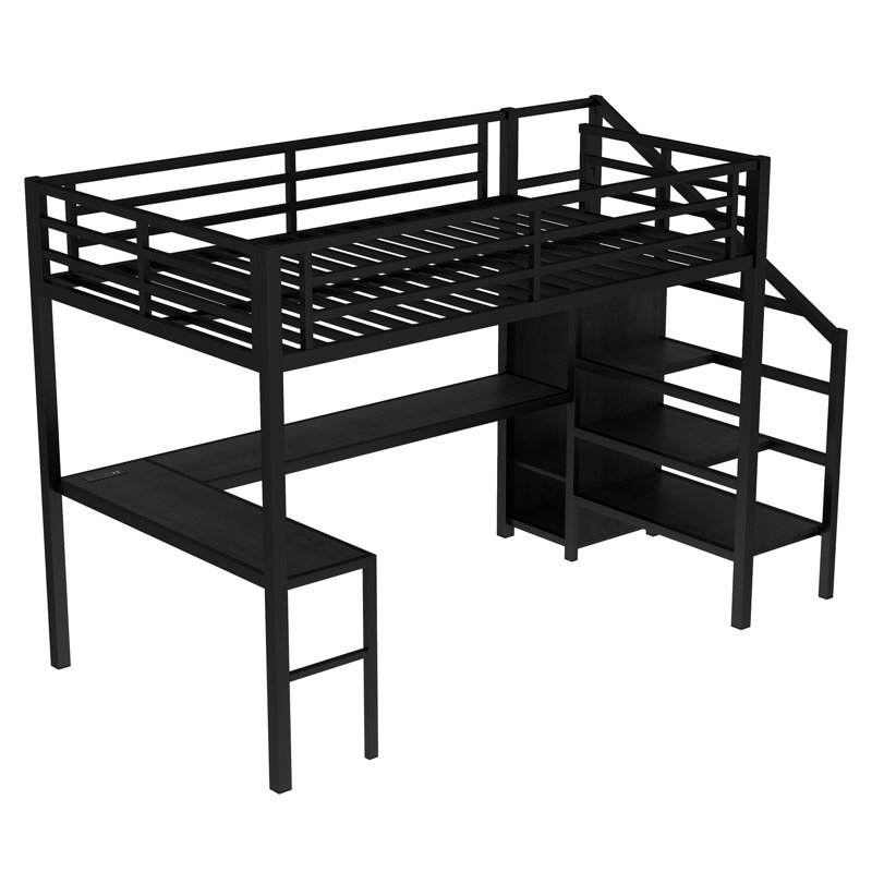 Metal Loft Bed with L-Shaped Desk, USB Charging, LED Light, Wardrobe and Adjustable Shelf, High Loft Bed Frame for Kids Teens Adults, Space Saving Study Bed, Black