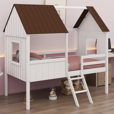 Low Loft Wood House Bed With Two Side Windows