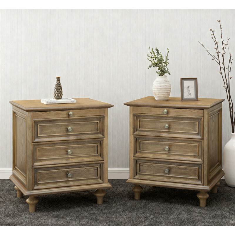 Farmhouse Nightstands with 4 Drawer, Set of 2, Light Brown