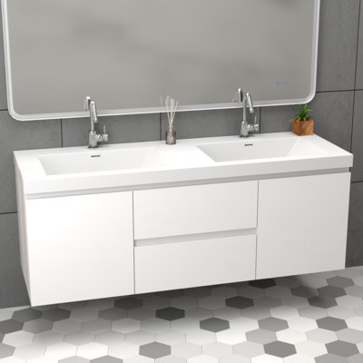 Meuble-lavabo mural de 60 po avec 2 lavabos en pierre d'ingénierie en résine blanche, 2 portes avec charnières à fermeture en douceur à 90 °, 2 tiroirs avec glissières à fermeture en douceur dissimulées, finition chêne naturel, sans robinet ni d