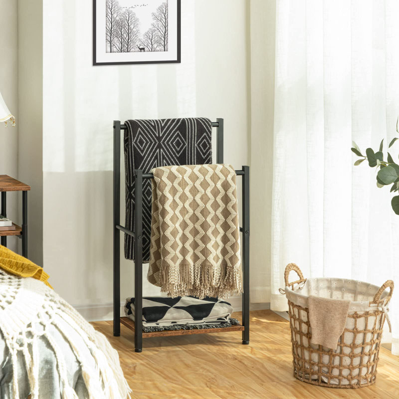 Porte-serviettes autoportant pour salle de bain, porte-couvertures à 2 niveaux, L 16,5 po x l 9,4 po x H 31,5 po, porte-couvertures, séchoir et présentoir avec tablette, brun rustique et noir