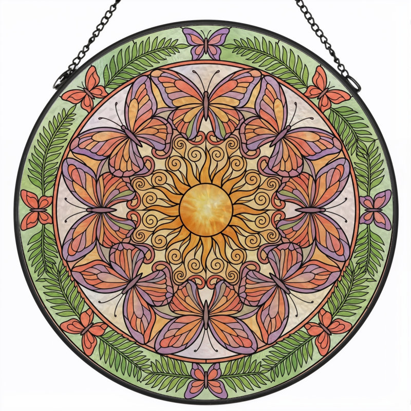 Panneau de vitrail papillon en verre teinté Mandala - H 7,8 po, H 7,8 po