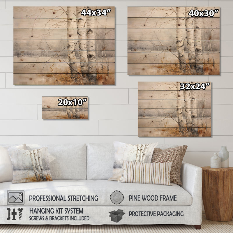 Minimalism Tree Birchs Breath I - Tree Birch Wood Art On Natural Pine Wood, 24" H x 32" W