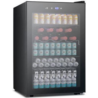 Mini réfrigérateur de 20,3 po l 4,4 pi cu, 37 bouteilles / 145 canettes, réfrigérateur à boisson avec commande tactile, 32-61 ℉, <38dB, DEL, tablettes amovibles, cadre en acier inoxydable