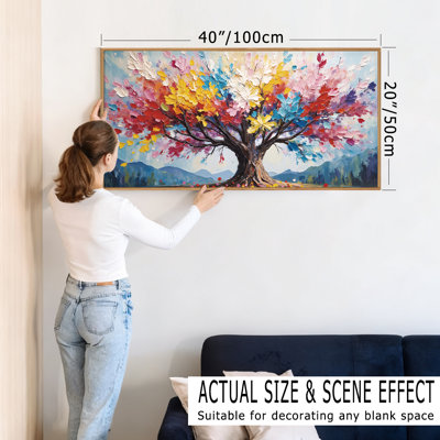 Arbre de vie, art mural encadré sur toile texturée, arbre abstrait coloré avec peinture de feuilles, décoration murale moderne pour le bureau de la chambre à coucher, 20 po x 40 po