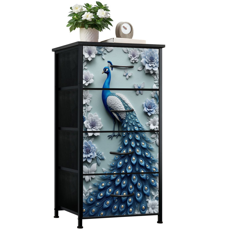 Commode pour la chambre à coucher avec 4 tiroirs de rangement Élégantes plumes de paon modernes fleurs tons bleus motifs complexes Commode commode en acier avec organisateur de placard pour vestibule
