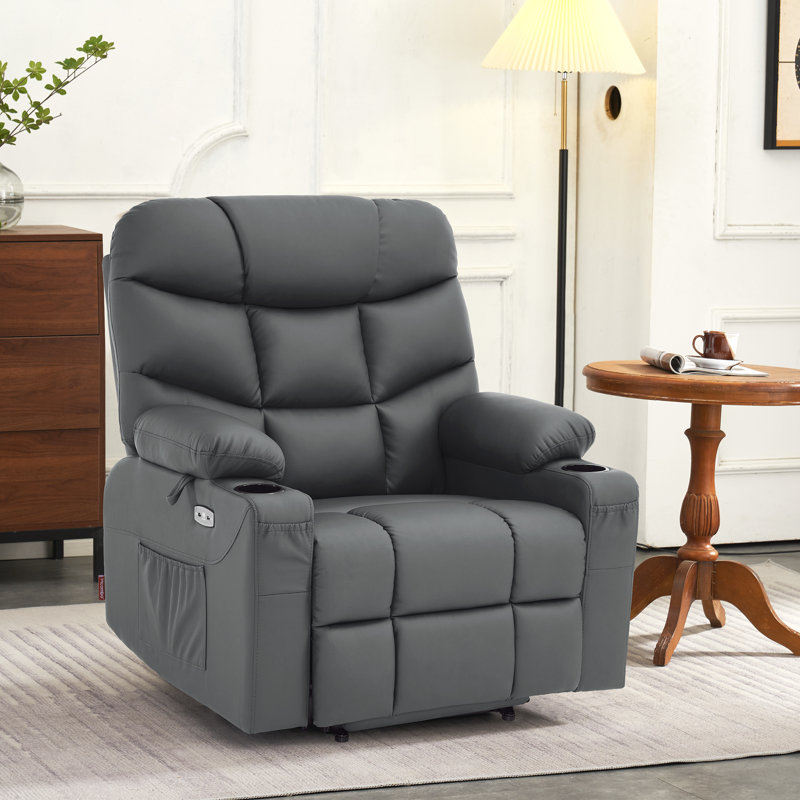 Latise Wide Power Recliner Lift Chair with Extended Footrest, Faux Leather, Dark Gray 100% Polyester