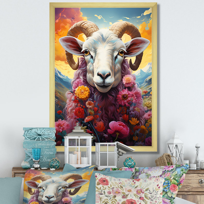 Reproduction d'art sur fond de moutons roses «Enchanted Ewes», H 20 po x l 12 po x P 1 po, Encadrement doré