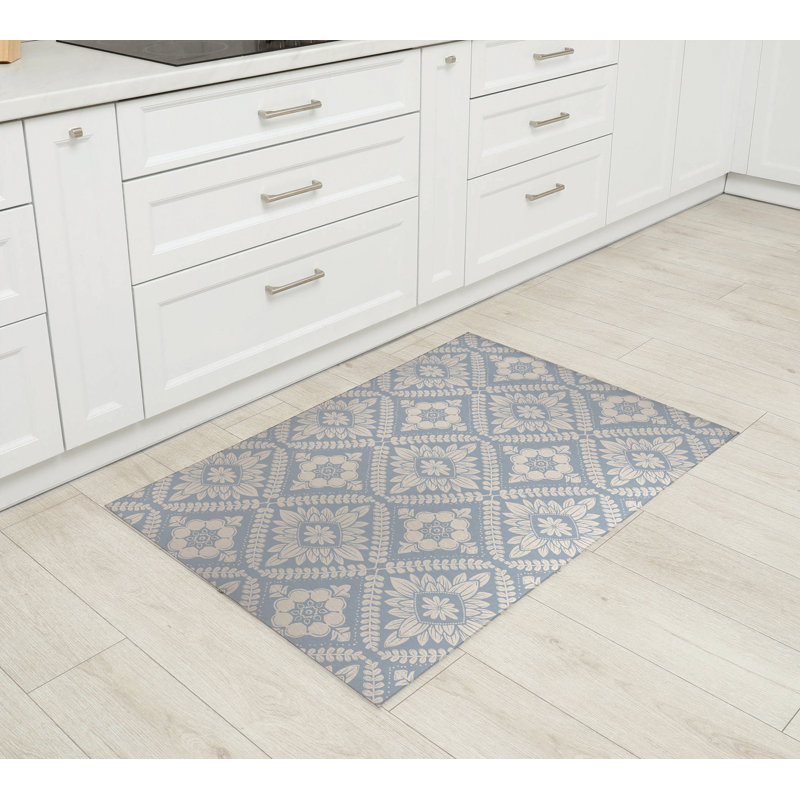 Talia Geometric Floral Kitchen Mat, Rectangle 3' x 5', Denim Blue