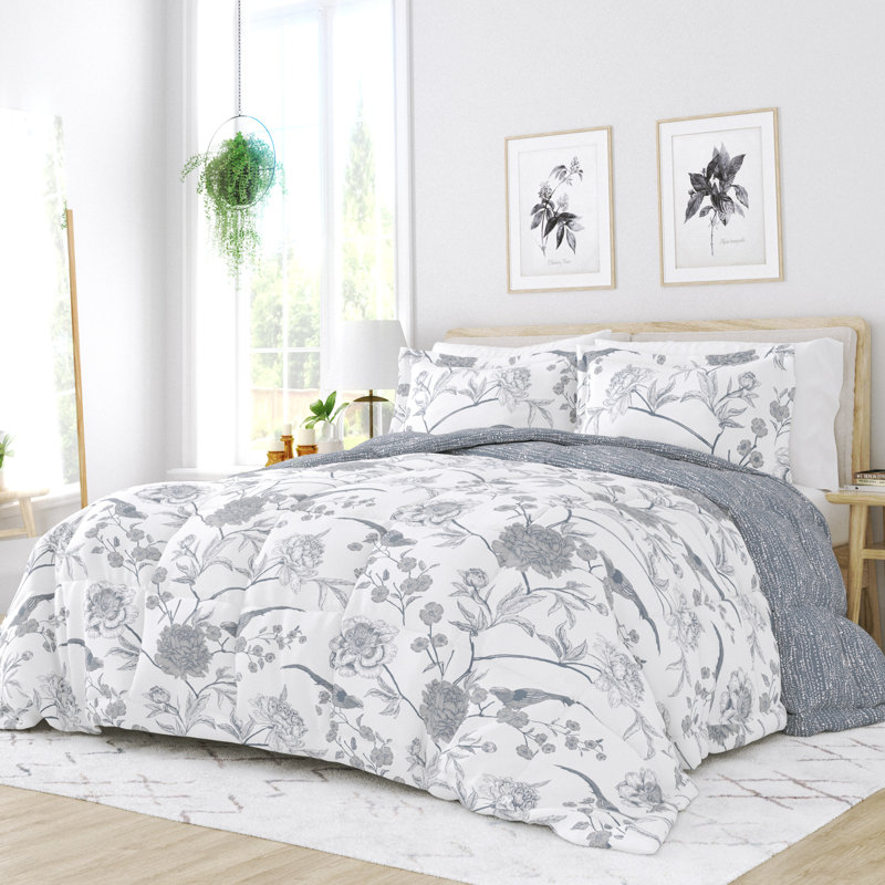 Light Blue Floral Down Alternative Reversible Comforter Set, Full