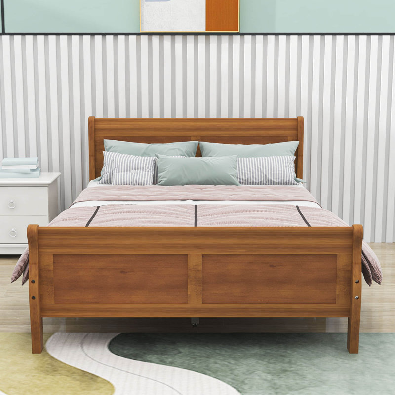Dovidio Wood Platform Bed Frame with Headboard, Full, Oak