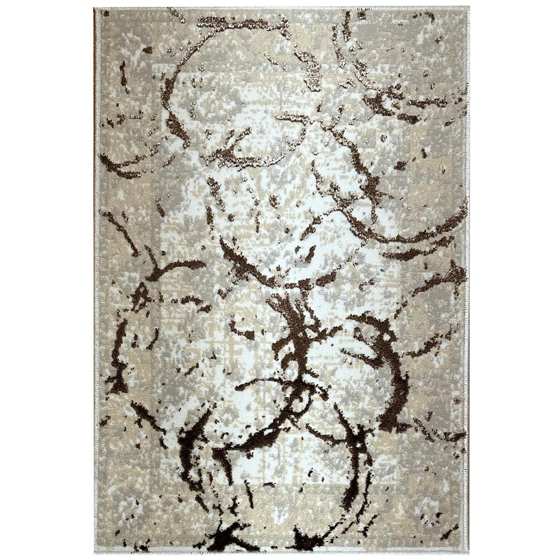 Tapis luxueux beige et gris à motif abstrait de cercles en bronze, Rectangle 7 pi 11 po x 11 pi 2 po
