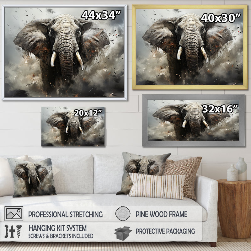 «Elephant Symphony Stampede II», reproduction sur toile, H 34 po x l 44 po, Cadre simple argenté