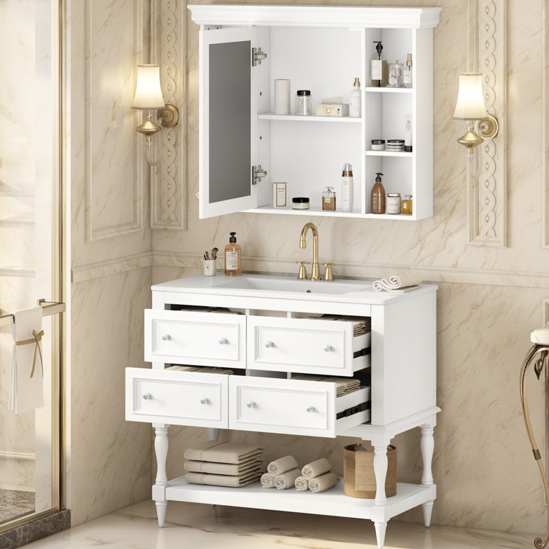 Meuble-lavabo 36 po avec armoire à pharmacie, structure en bois massif, 4 tiroirs, peinture imperméable de haute qualité, poignées argentées, planches modernes en céramique, poignée