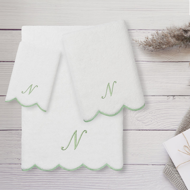  Ensemble de serviettes personnalisées 100% coton ADORNIA, N, Blanc/vert, Ensemble 3 serviettes de bain