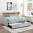 1Pc Light Gray Daybed With Pull-Out Trundle Bookcase Side Panel Charging Ports Nailhead Trim Modern Design Furniture