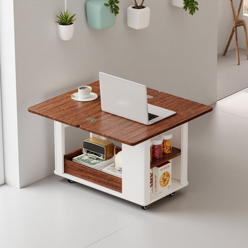 Table basse / table d'appoint moderne 27,6 po avec plateau pliable et roulettes, rangement à plusieurs niveaux, Blanc