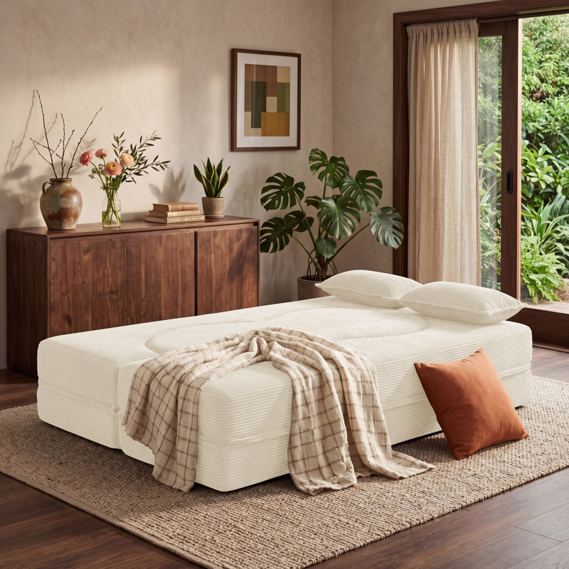 Causeuse convertible 78 po 2 en 1 en flanelle désossée à compression, canapé-lit modulaire pour le salon, aucun assemblage requis, beige