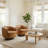 Upholstered Light Brown Faux Leather Swivel Barrel Chair Recessed Arms With Solid Wood Base (Set of 2)-815109315