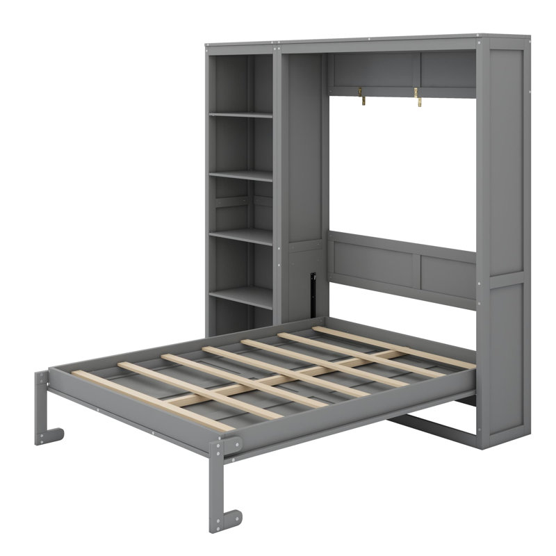 Lit escamotable mural Ell Elletsville avec tablettes, gris, Grand