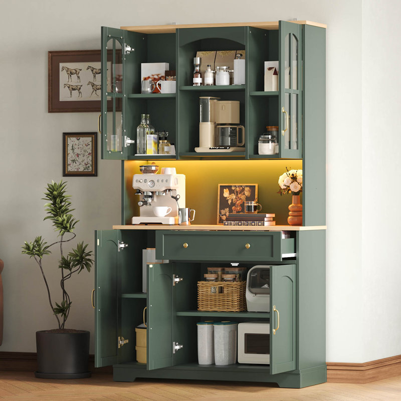 Tall Kitchen Cabinet with RGB LED, Arched Glass Doors & Vintage Grey-Green
