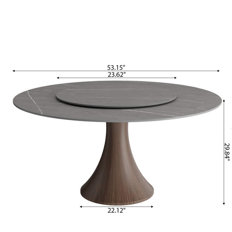 Luxury Gray Turntable Round Dining Table Solid Wood Base With Lazy Susan For 6-8, 29.52" H x 53.15" W x 53.15" D