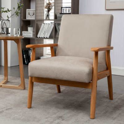25.32'' Wide Classic Mid-century Modern Arm Chair In Camel. Solid Wood Arms, Easy Assembly & Cleaning. Frame With Finish. Foam Cushions For Comfort. Elegant Microfiber Upholstery. Versatile Stylish