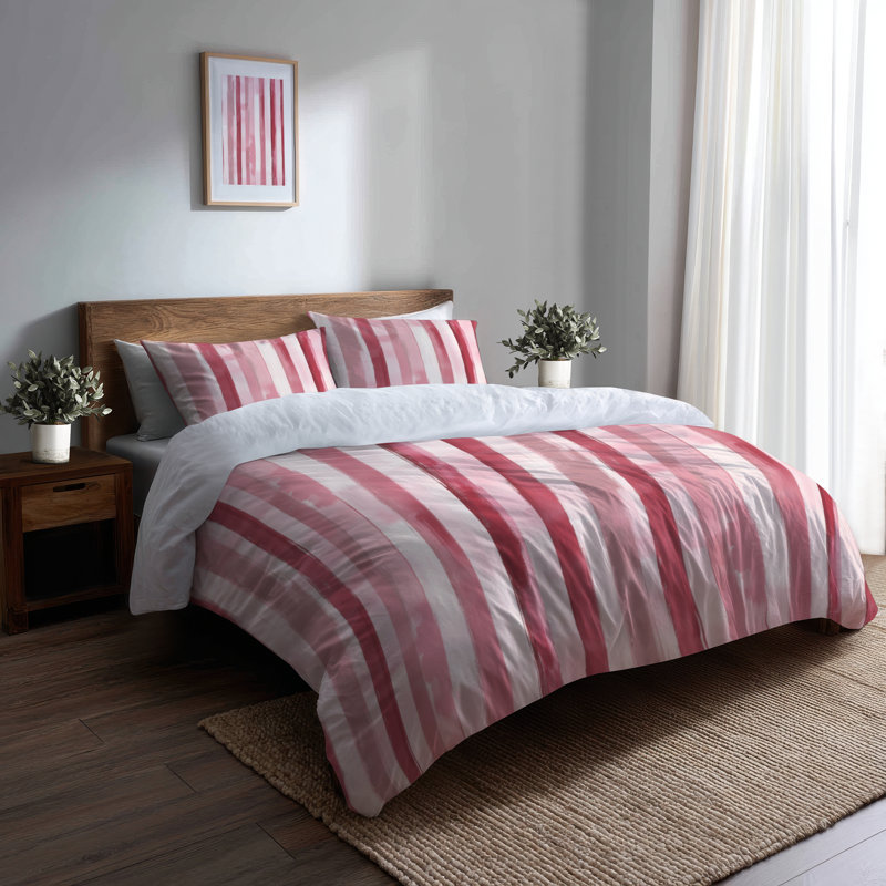 Ensemble de literie à rayures 3 pièces - Ensemble de housse de couette à rayures roses