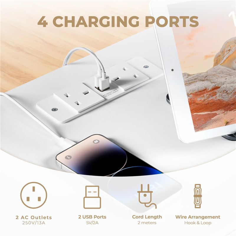 Soraia Bedside Table with 4 Charging Ports, White