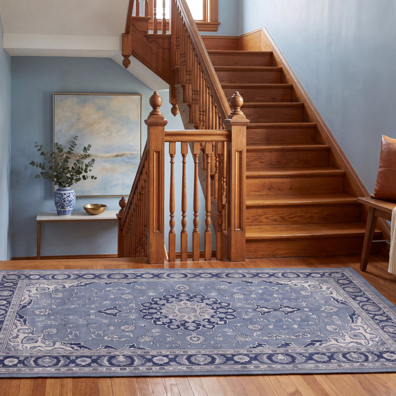Tapis Laurel traditionnel, style persan audacieux, bleu, gris et crème, lavable à la machine, antidérapant, à poils courts, pour l'intérieur et l'extérieur, adapté aux animaux domestiques, idéal pour le salon, la chambre, la salle à manger, l'entrée, le couloir ou le bureau.