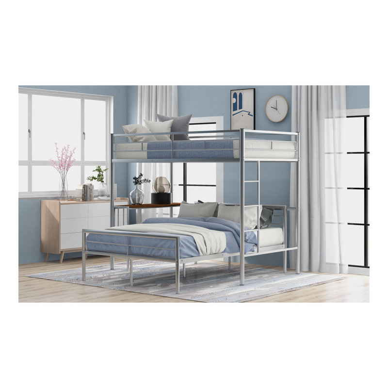 Lit superposé simple au-dessus d'un lit double en métal avec bureau, échelle et lattes de qualité pour la chambre à coucher, argent métallique
