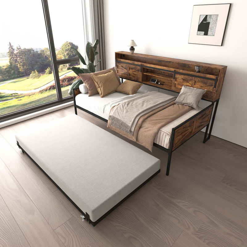 Twin Daybed With Trundle,Charging Station & LED Light, Brown
