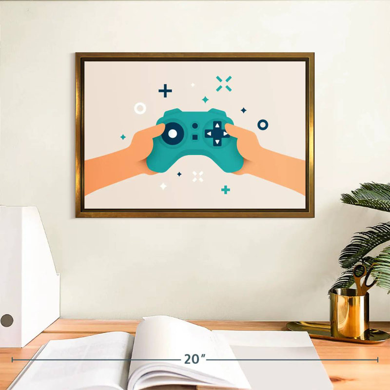 Caricature de manette de jeu vidéo, 13 po x 9 po, Cadre flottant doré