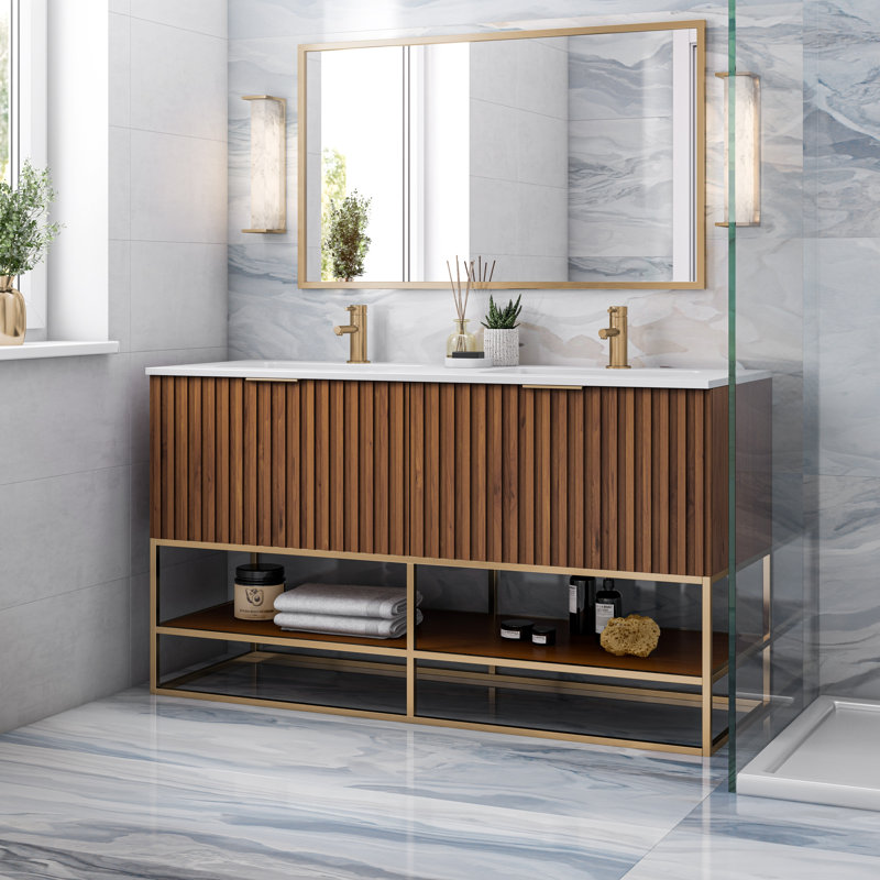 Terra 60'' W Double Vanity, White Quartz/Single Faucet Mount, Walnut, Satin Brass