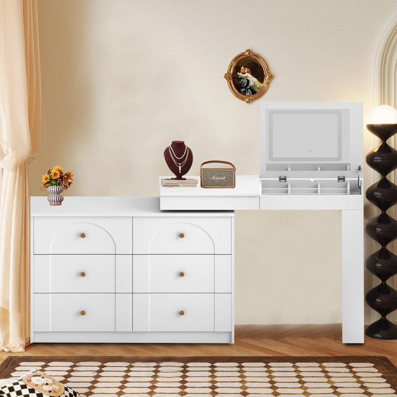 Adjustable L-Shaped makeup vanity Desk with Lift-Up Mirror and Multiple Storage Drawers, White